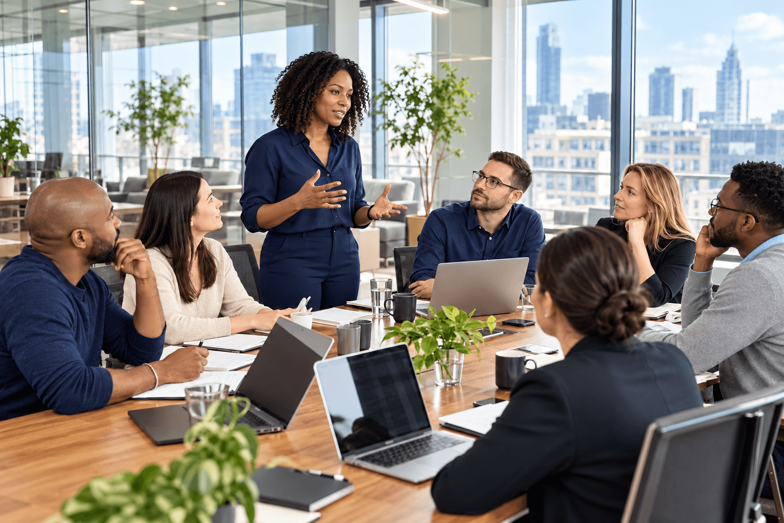 A diverse team learning together in a bright office.