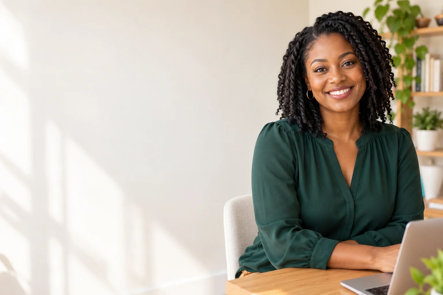 A smiling educator in a bright workspace